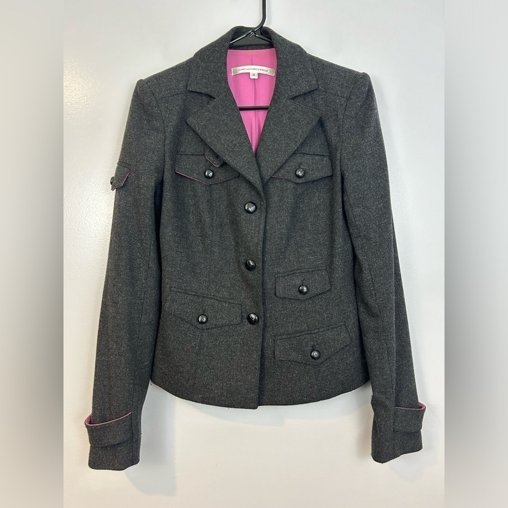 DVF El Dorado Grey Button Up Wool Blend Cropped Pea Coat Military Jacket Size 4